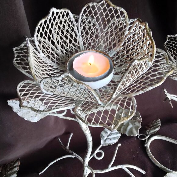 Set of 3 Weathered Rustic Cottage Shabby Chic Metal Flower Votive Candle Holders - Picture 12 of 12